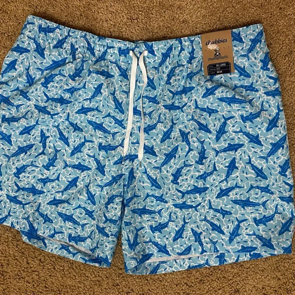 NWT Chubbies Blue Shark Print Swim Shorts -The Shark Sides